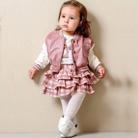 طقم بناتي تنورة مع جكيت جلد مبطن 4 قطع